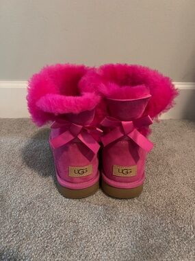 UGG Hot Pink Satin Bow Shearling Short Boots